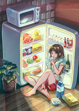 Girl by Open Refrigerator with Food