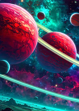 Vibrant Space Scene with Ringed Planets