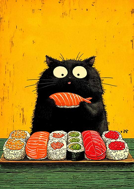 Black Cat with Sushi Feast