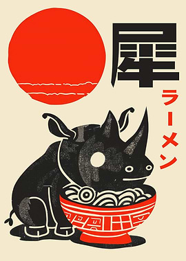 Rhino Ramen Japanese Woodblock Print