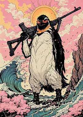 Armed Penguin Gun on a Floral Shore Sakura Cherry Blososm Japanese Traditional Art