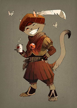 Cat in Renaissance attire with coffee