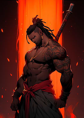 Muscular Warrior with Katana and Tattoos