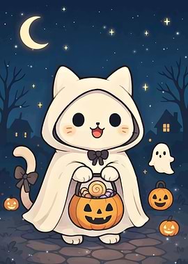 Cute Halloween Cat in Ghost Costume