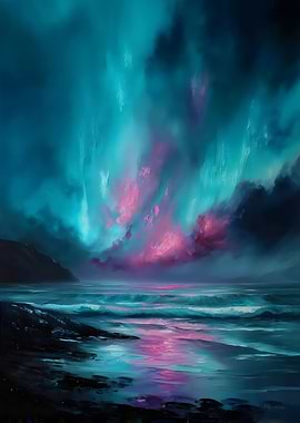 Abstract Coastal Painting with Aurora Sky