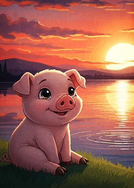 Cute Piglet Sunset Lake
