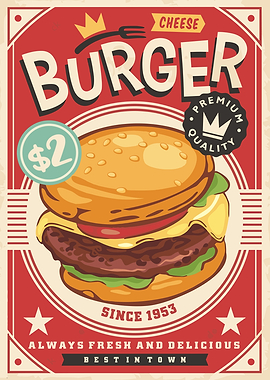 Retro Cheese Burger Poster Illustration