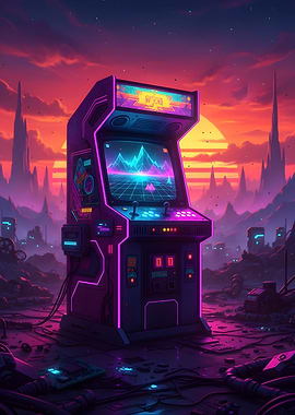 Retro Arcade Machine in Cyberpunk Landscape