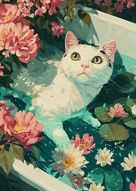 Cat in Floral Bathtub Illustration