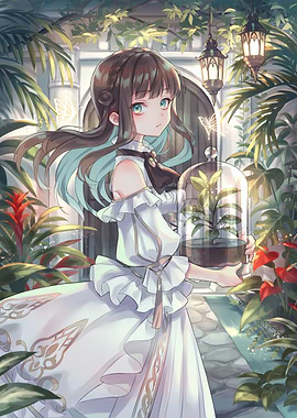 Anime Girl with Terrarium in Garden