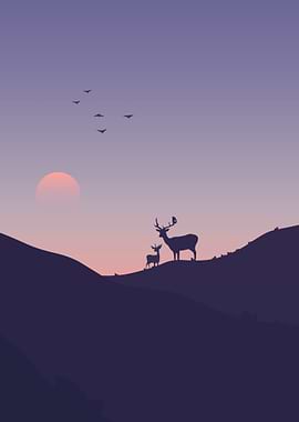 Deer Silhouette Landscape at Sunset