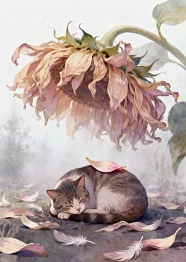 Sleeping Cat Under Sunflower Painting
