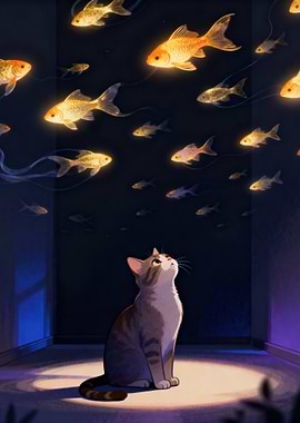 Cat Gazing at Floating Goldfish