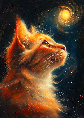 Cat Gazing at Galaxy Digital Art