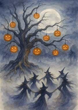 Halloween Witches Circle with Pumpkin Lanterns