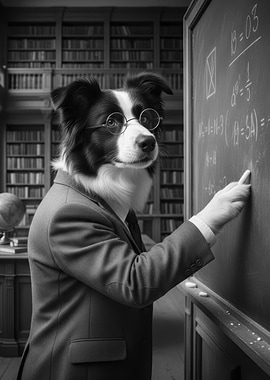 Dog Teacher at Blackboard