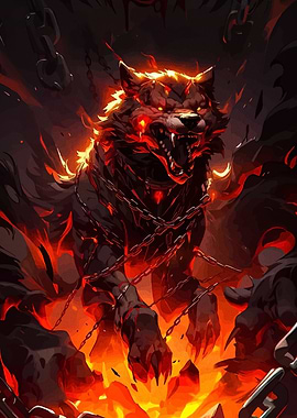 Fiery Wolf with Chains Illustration