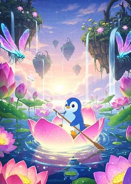 Penguin Lotus Boat Fantasy Landscape