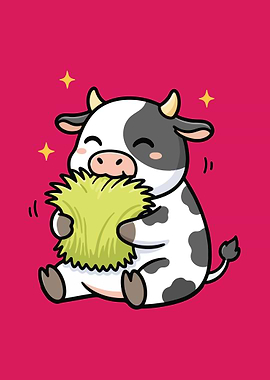 Cute Cow Eating Hay Cartoon Illustration