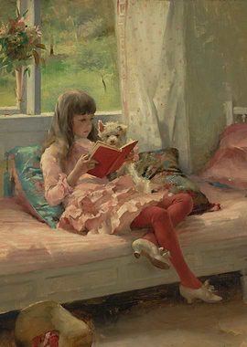 Girl Reading to Dog, Painting