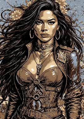 Steampunk Woman Portrait with Floral Background