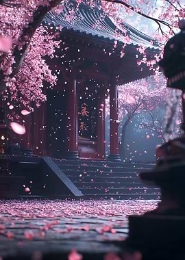 Cherry Blossoms at a Japanese Temple