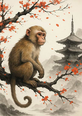 Monkey on Branch with Pagoda