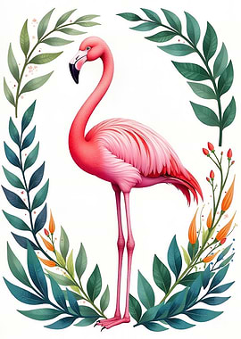 Pink Flamingo with Green Leaves Frame