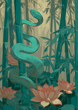 Snake in Bamboo Forest with Lotus