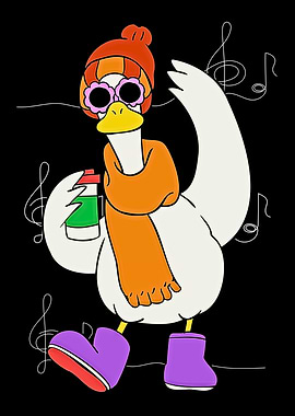 Cartoon Duck with Coffee and Music