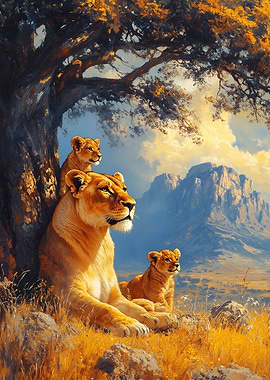 Lioness and Cubs Under a Tree
