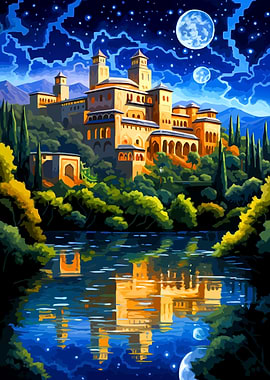 Alhambra Palace at Night Reflection