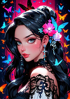 Anime Girl with Butterflies and Flowers