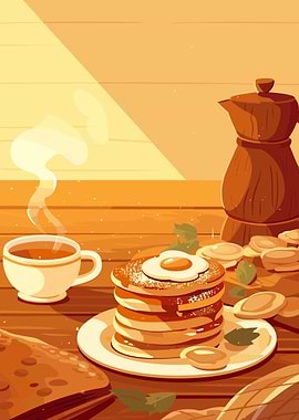 Breakfast Still Life with Pancakes and Coffee
