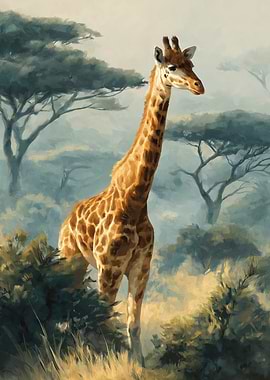 Giraffe in African Landscape Painting