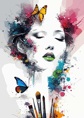 Abstract Portrait with Butterflies and Brushes