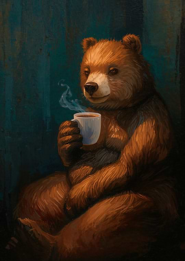 Bear with Coffee Cup Painting