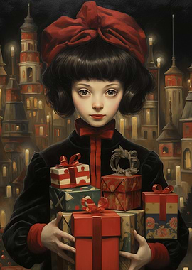 Girl with Gifts in Winter City