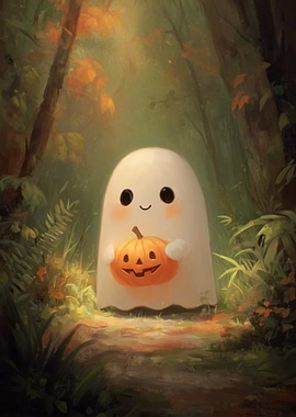 Cute Ghost with Pumpkin in Forest