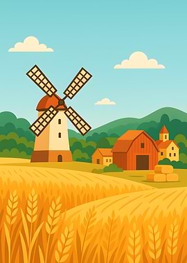 Cartoon Farm Landscape with Windmill
