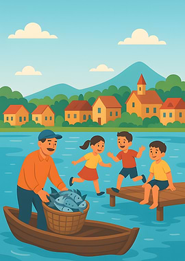 Fisherman and Children by the Lake