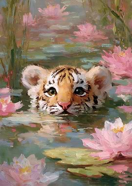 Tiger cub in water lilies painting