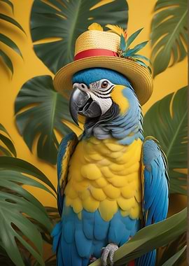 Parrot with Hat in Tropical Setting