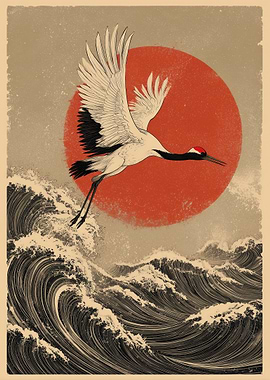 Crane Flying Over Waves with Red Sun