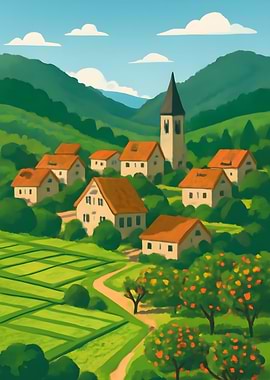 Idyllic Village Landscape with Church Tower