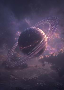 Ringed Planet Above Cloudy Landscape