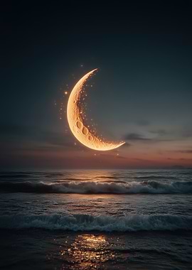 Crescent Moon Over Ocean at Dusk