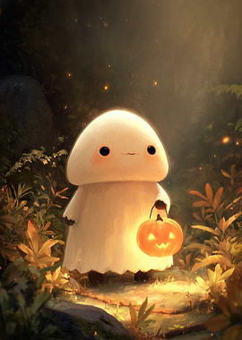 Cute Ghost with Pumpkin Lantern