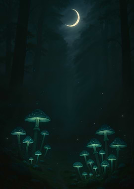 Mystical Glowing Mushrooms in Dark Forest