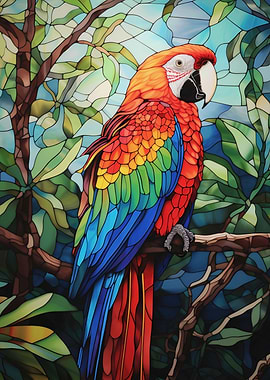Colorful Parrot Stained Glass Style Art